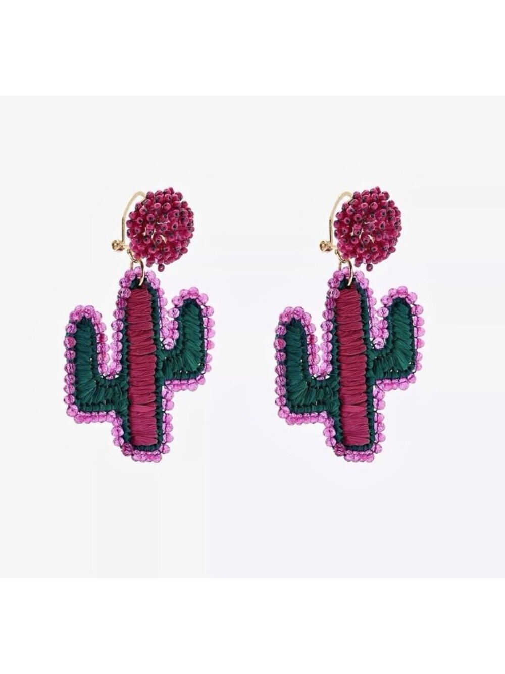 Zara Beaded Earrings Raffia Cactus Statement Crochet Dangle Boho 7243/205 NWT